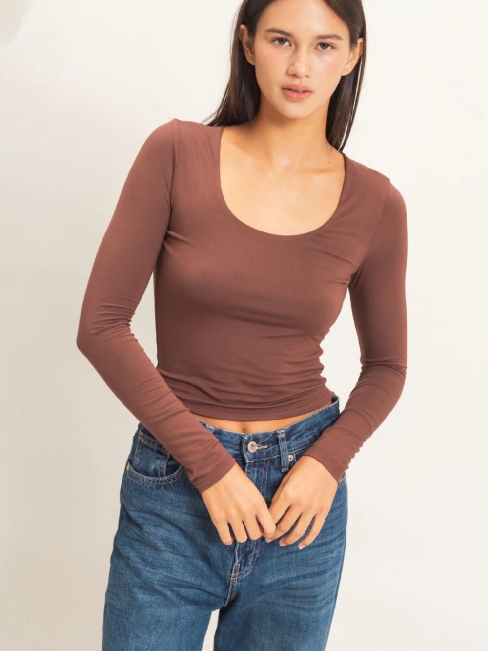 NEW 🤎 Double Zero Chocolate Brown Scoop Neck Long Sleeve Tee – Medium
